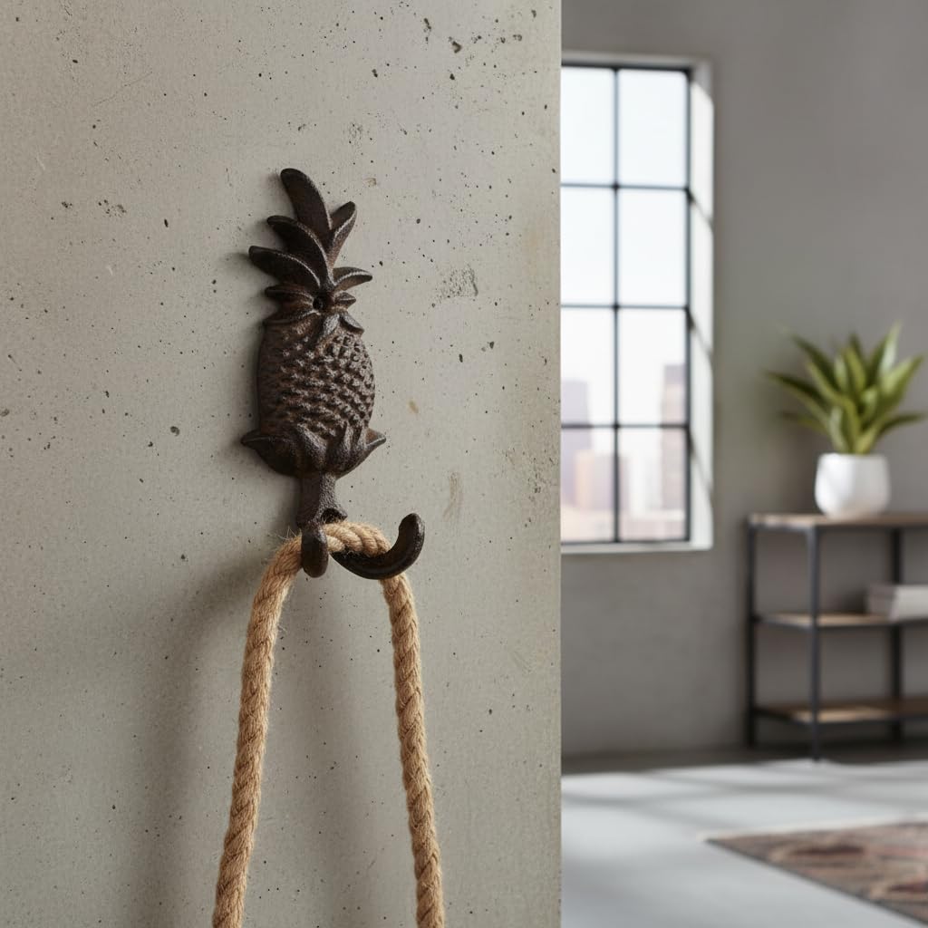 Comfy Hour Antique & Vintage Interior Decor Collection Cast Iron Pineapple Double Key Coat Hooks Clothes Rack Wall Hanger Heavy Duty Recycled Gift Idea