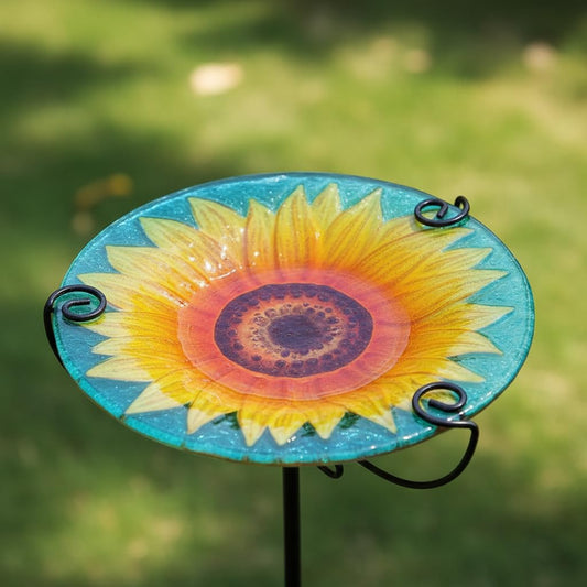 Comfy Hour Bird Meets Garden Bath Collection 28" Chrysanthemum Glass Top Birdbath Birdfeeder Metal Art Garden Stake