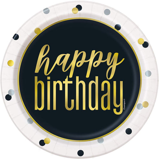 Unique Industries Unique Metallic Happy Birthday Round Dessert Party Plates- Foil Board, 8 Ct.
