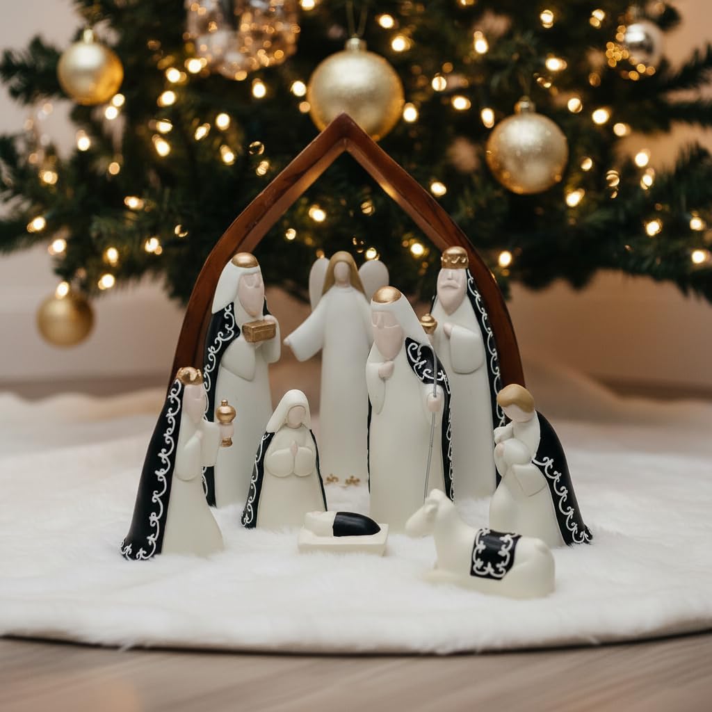 Comfy Hour Faith and Hope Collection Baby Jesus, Holy Family with Angel, Christmas Nativity Scene Figurine, Stable Set of 9 Pieces, Polyresin