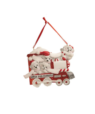 Kurt Adler North Pole Express Polar Bear Family of 4-3.5 Inch Red and White Resin Glitter Hanging Holiday Ornament for Personalization