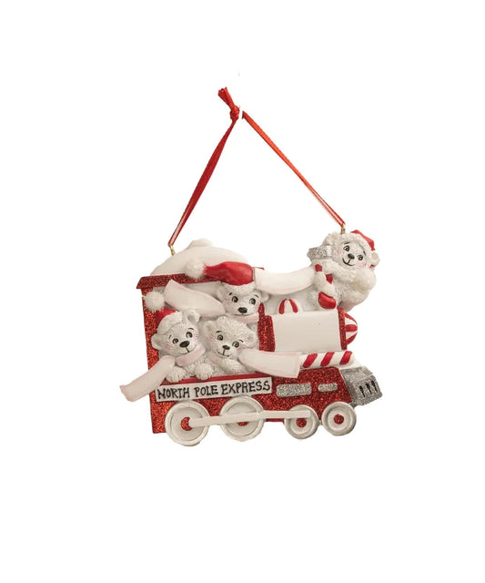 Kurt Adler North Pole Express Polar Bear Family of 4-3.5 Inch Red and White Resin Glitter Hanging Holiday Ornament for Personalization
