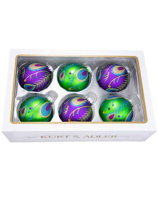 Kurt Adler 80 Mm Peacock Purple Green Glitter Balls 6 Piece