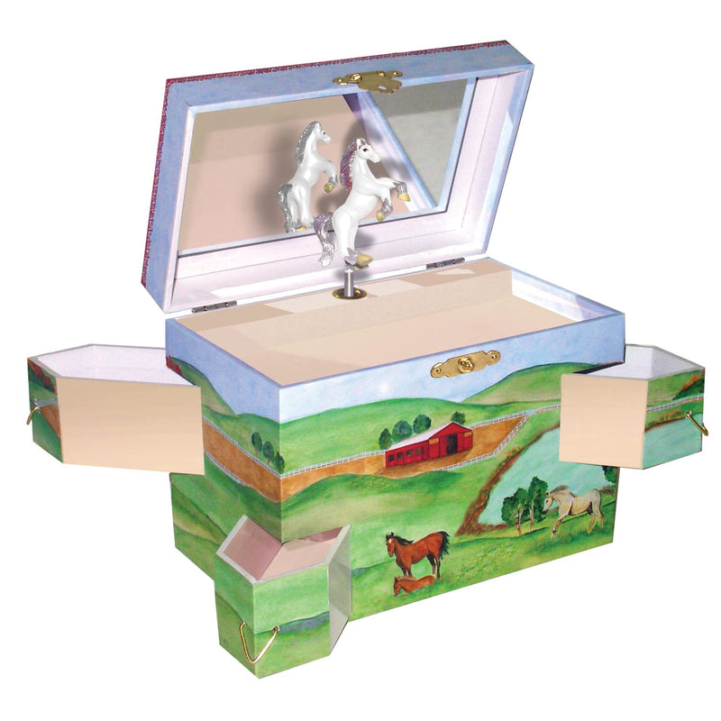 Enchantmints Hide Away Horse Musical Jewelry Box for Boys and Girls White Horse Spins to Music 4 Pullout Drawers