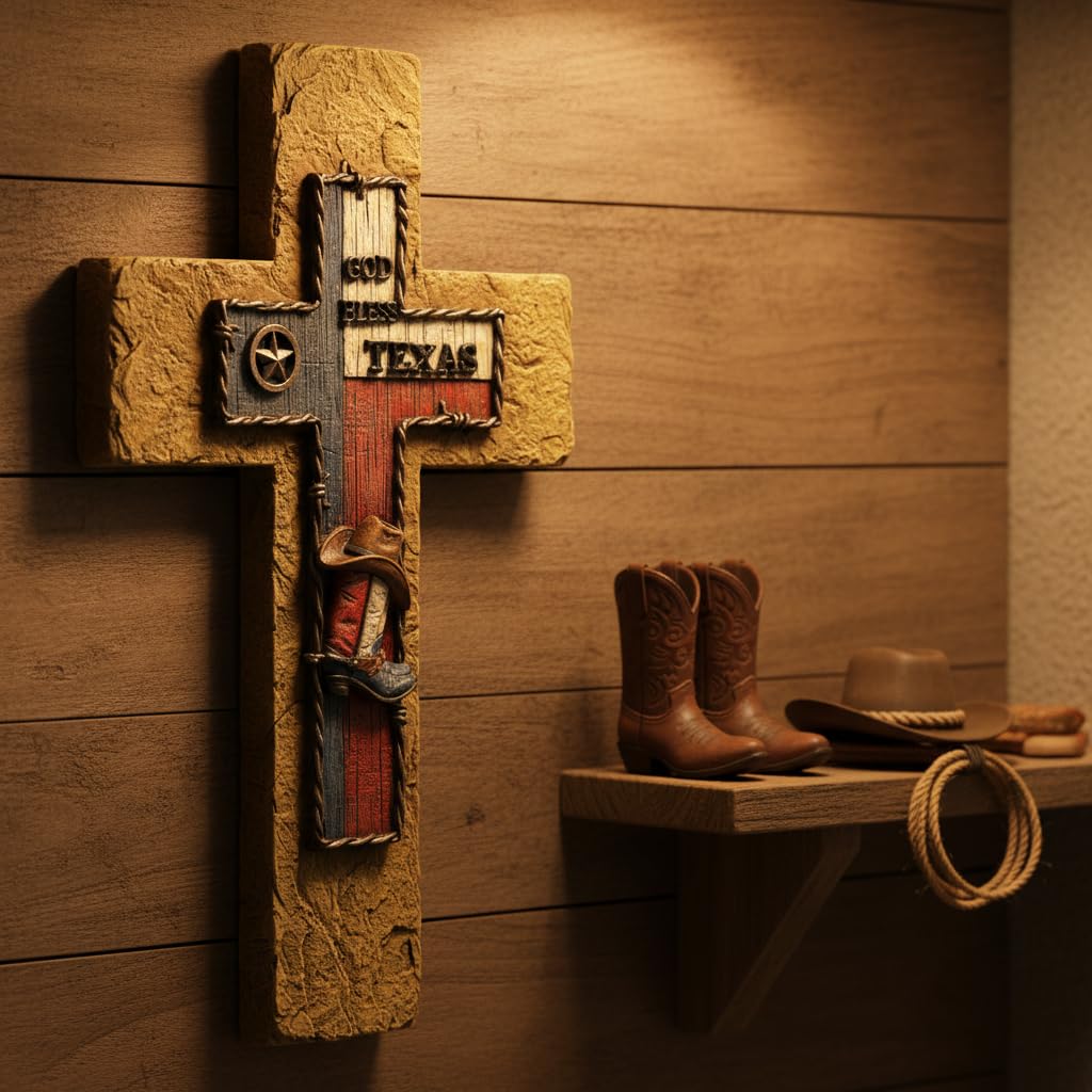 Comfy Hour 14 Inch Texas Cross Wall Decor, God Bless Texas Plaque