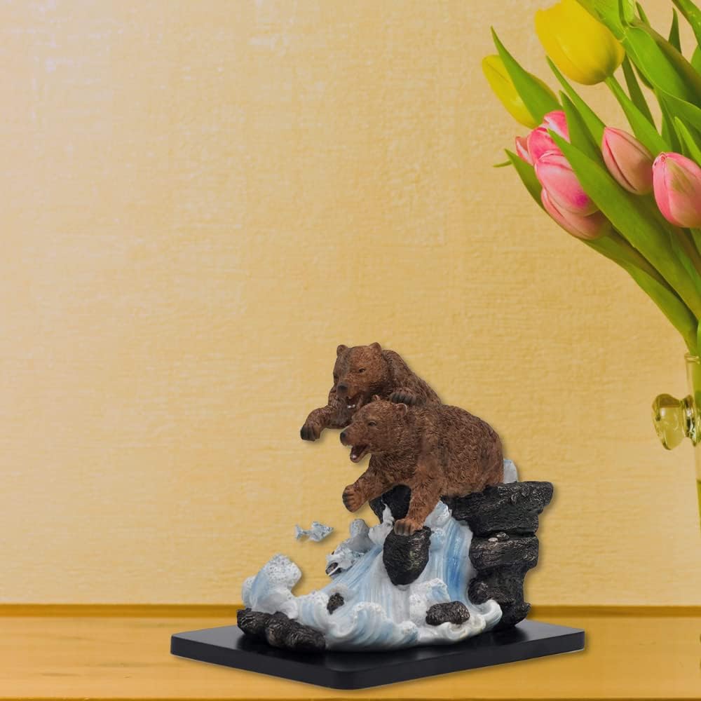 Comfy Hour Wildlife Collection 8 Grizzly Bear Couple Catching Salmon and Fish Figurine, Realistic Lifelike Animal Statue Home Decoration, Brown, Resin Stone