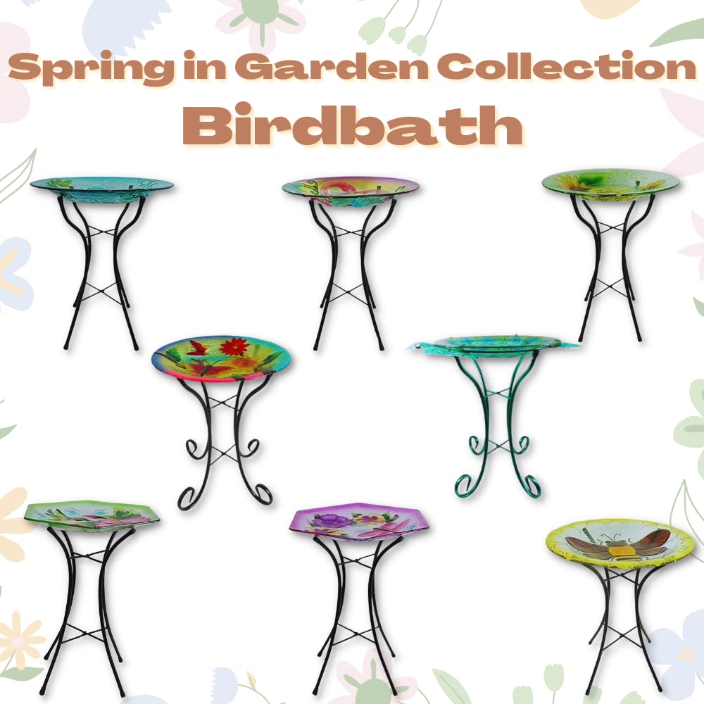 Comfy Hour Bird Meets Garden Bath Collection 28" Chrysanthemum Glass Top Birdbath Birdfeeder Metal Art Garden Stake