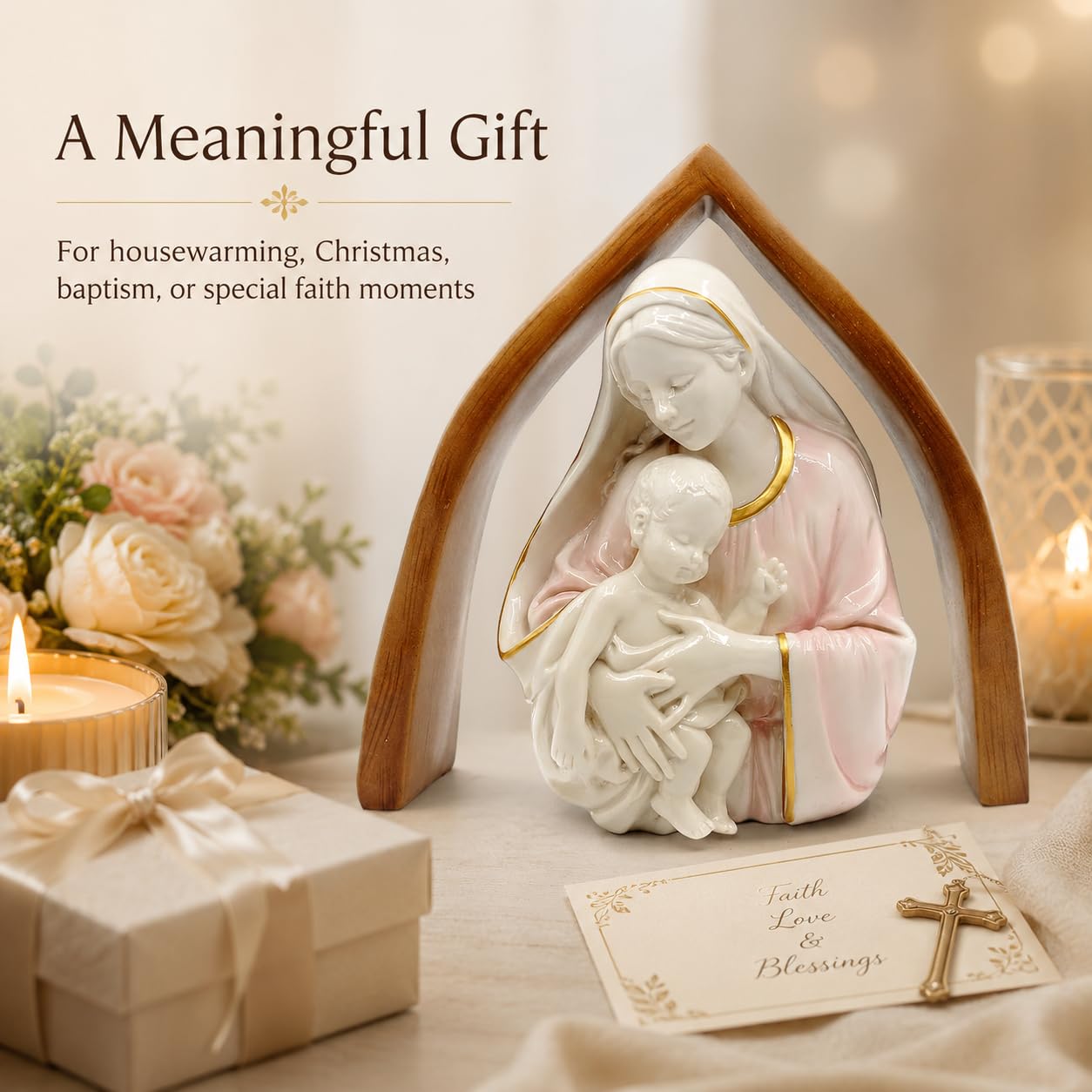 Comfy Hour 10 Inch Mary Statue, Madonna and Child, Wooden-Look Arch