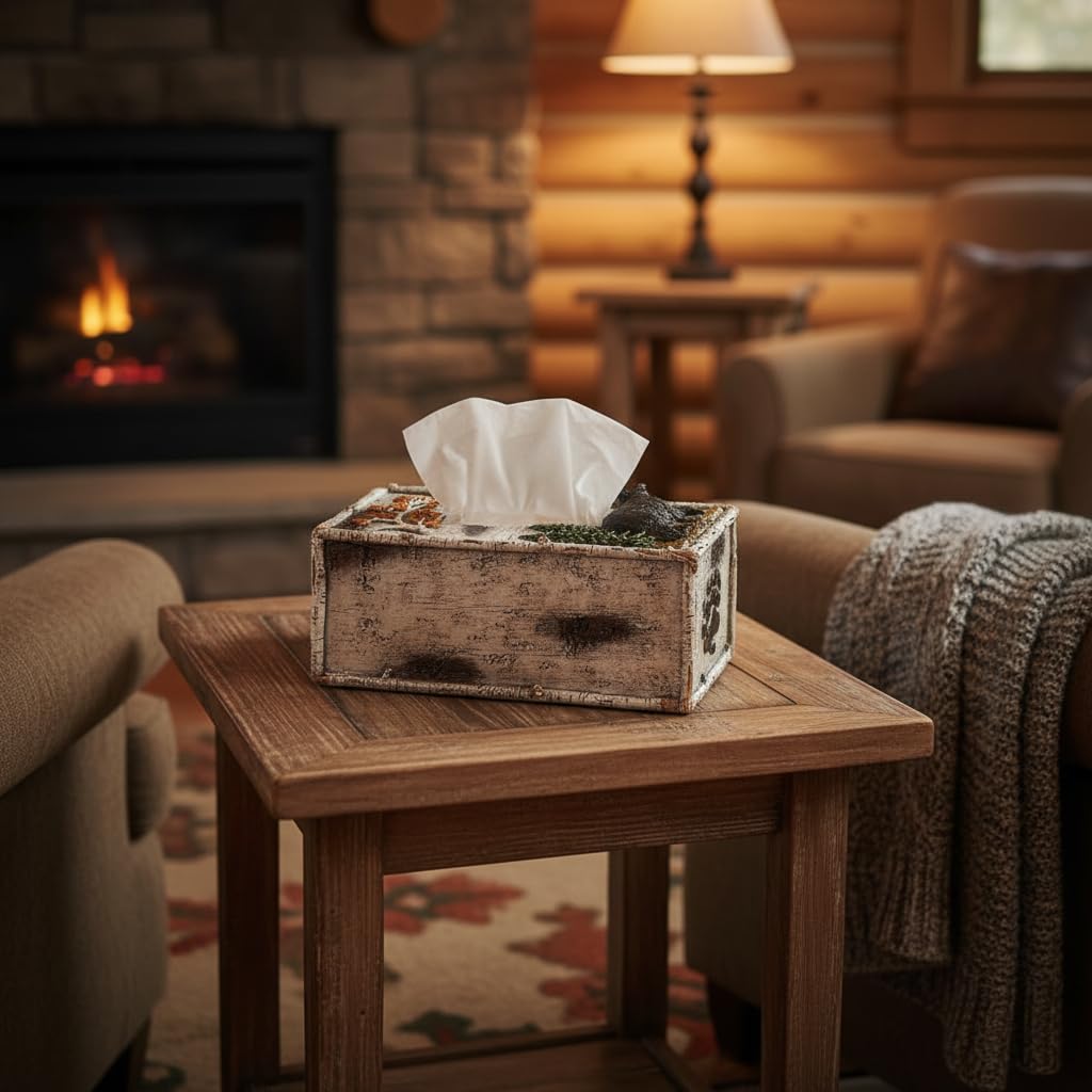 Comfy Hour 10 Inch Bear Tissue Box Cover, Rustic Birch Decor