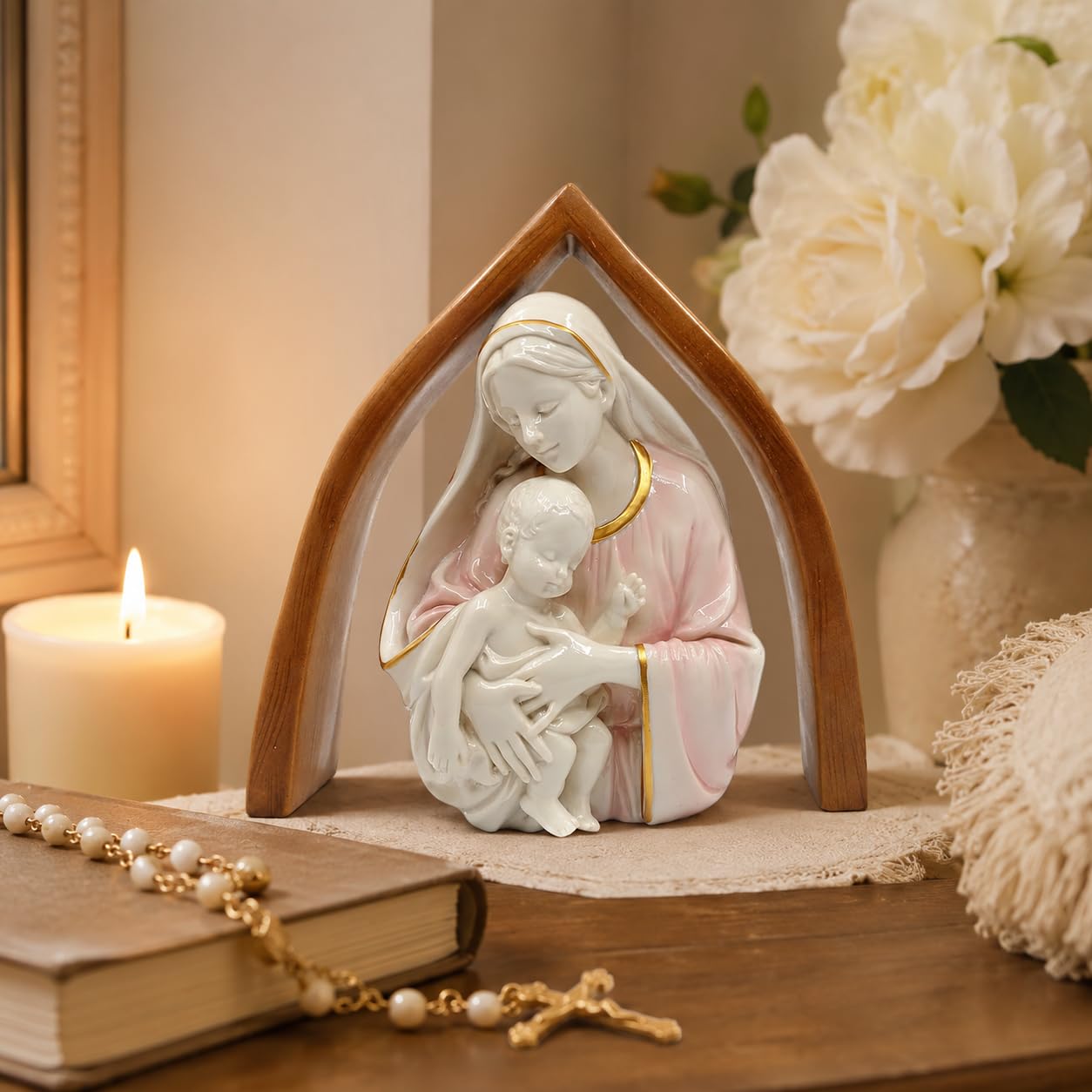 Comfy Hour 10 Inch Mary Statue, Madonna and Child, Wooden-Look Arch