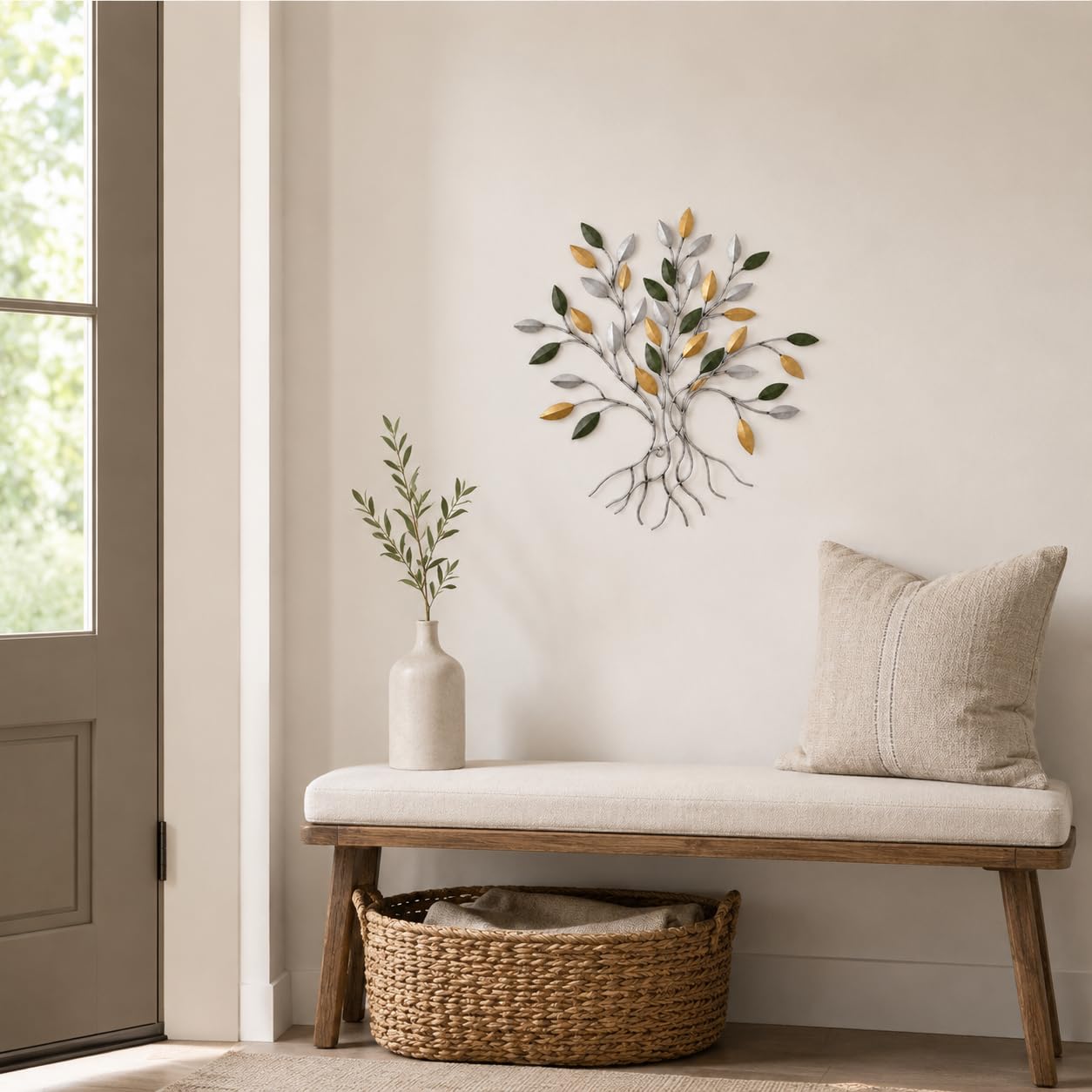 Comfy Hour 16 Inch Tree of Life Metal Wall Art, Green Gold Leaves