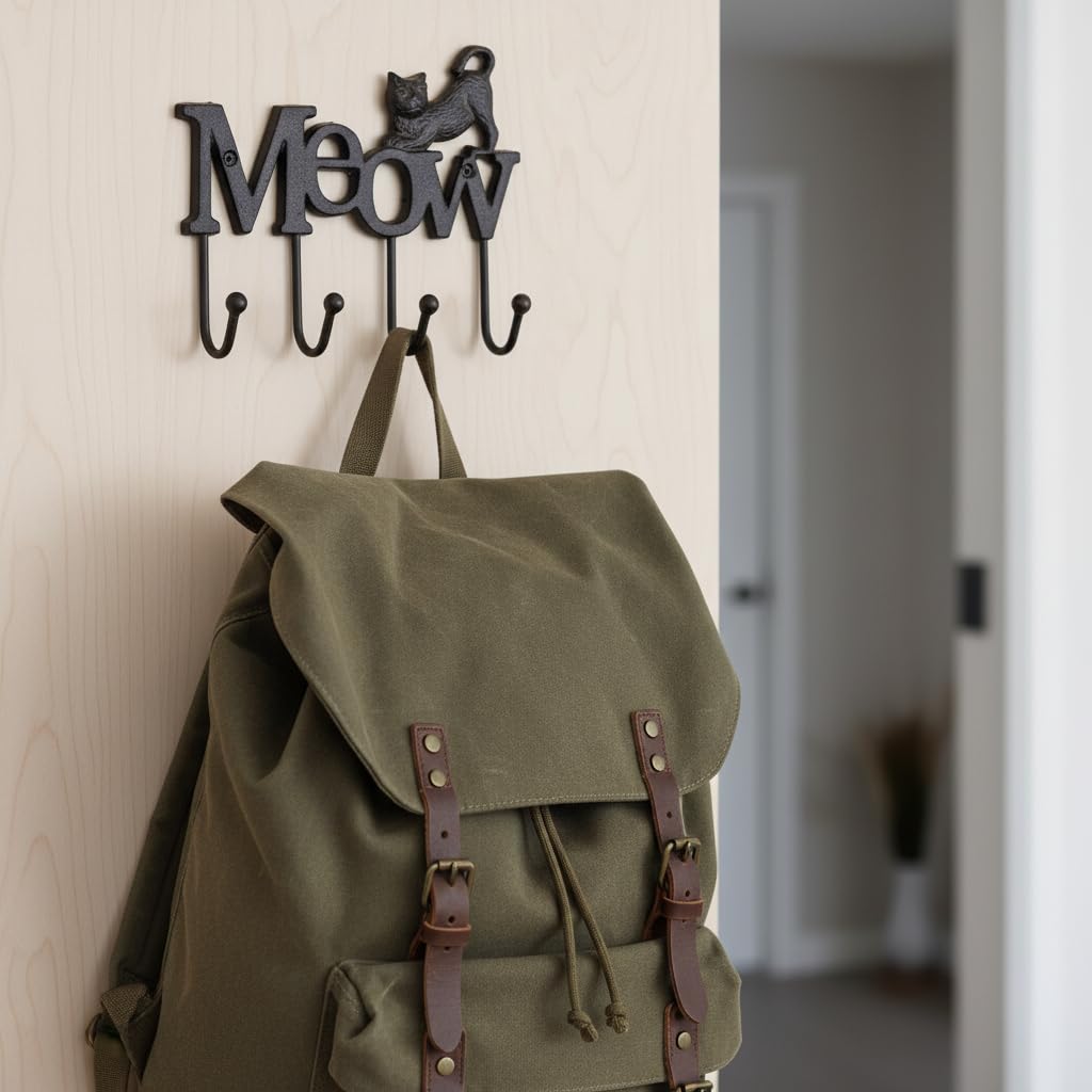 Comfy Hour 6" Cast Iron Cat Meow Four Key Hooks Key Chain Wall Hanger