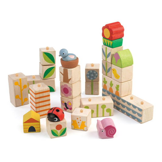 Tender Leaf Toys - 24 Piece Garden Themed Push & Click Stacking Blocks for 18m+