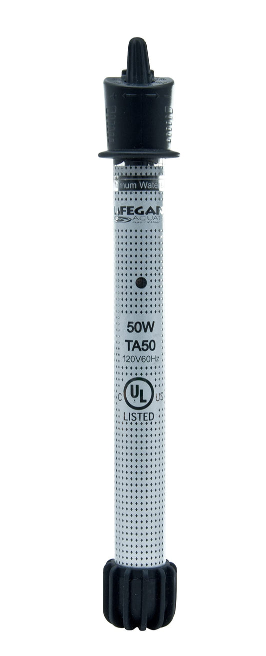 Lifegard Aquatics Adjustable Quartz Glass Aquarium Heater – UL Listed, Bi-Metal Electronic Construction – Includes Suction Cup Mounting Brackets, Thermal Protection – 50 Watt, Multicolour, Pre-Set 50w