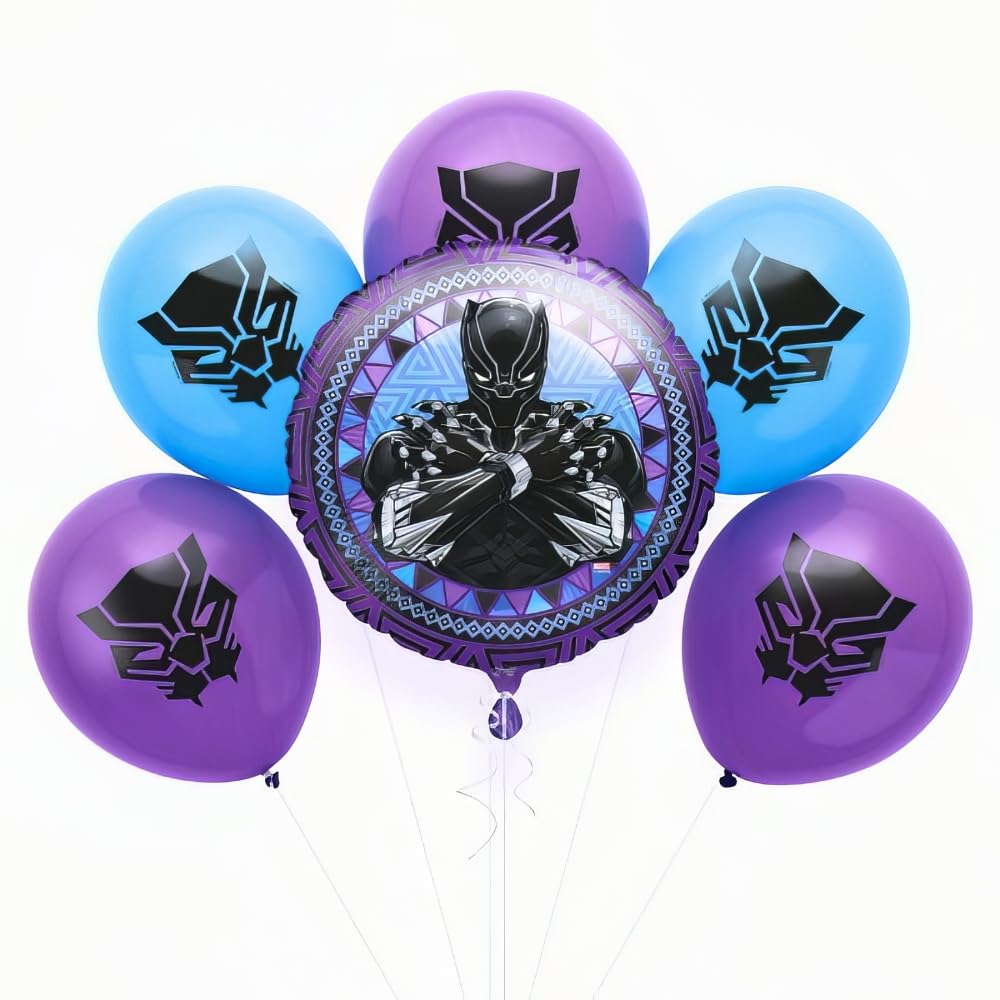 Unique Industries Marvel Avengers Black Panther Balloon Bouqet w/ 5 Helium Quality Latex Balloons and 1 Foil Balloon