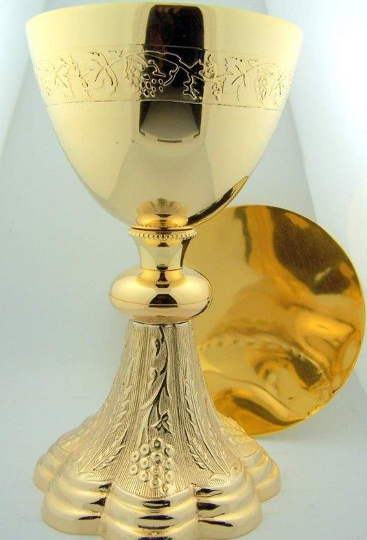 Christian Brands Grape & Wheat Church Chapel Gold Gild Priest Chalice & Paten Pastor Gift 8" Tall