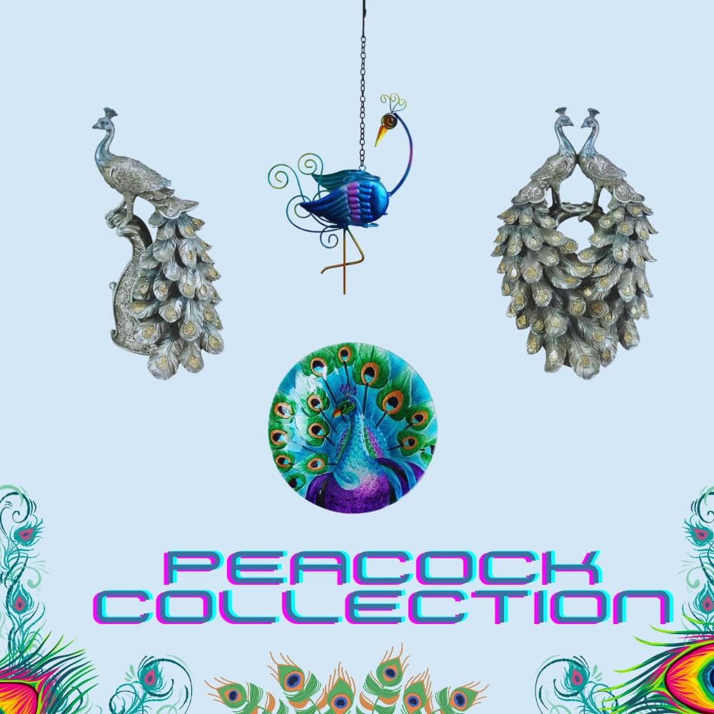 Comfy Hour Peacock Decor Collection 13" Decorative Peacock Standing On Pillar Figurine, Blue Silvery, Collectable, Sequined Twinkling On Feather, Polyresin