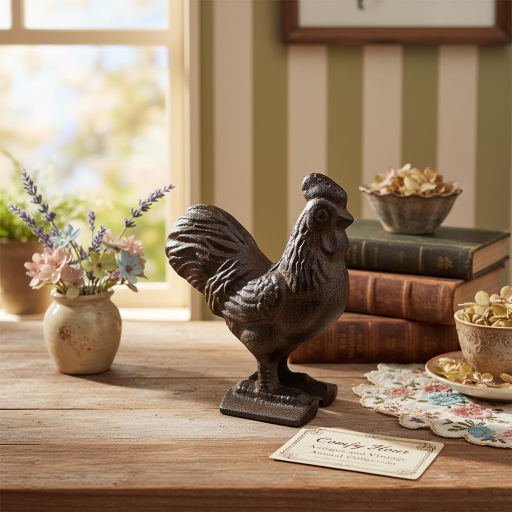 Comfy Hour Antique & Vintage Interior Decor Collection, Animal Edition Cast Iron Rooster Figurine, Indoor Outdoor Garden Decor, Brown