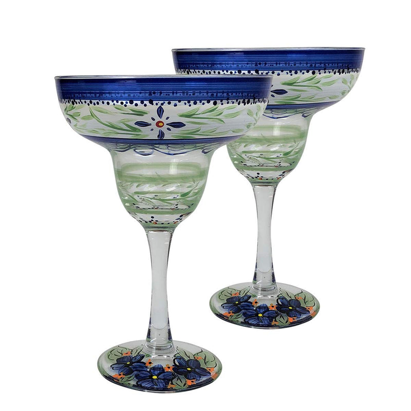 Golden Hill Studio Hand Painted Margarita Glasses Set of 2 - Barcelona Blue Collection - Hand Painted Glassware by USA Artists - Unique and Decorative Margarita Glasses, Kitchen Table Décor