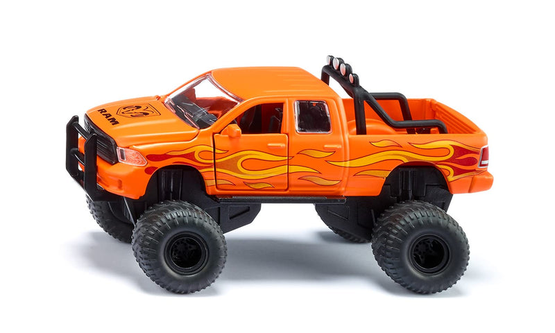 Siku 2358, Toy Dodge RAM 1500 with Balloon Tyres, 1:50, Metal/Plastic, Black/Orange, Interchangeable Wheels, Openable Door, Bonnet and Tailgate