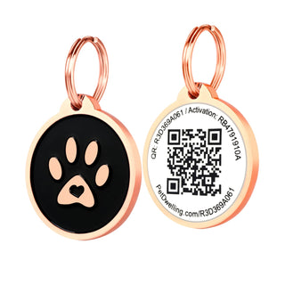Pet Dwelling 2D QR Code Pet ID Tag - Dog Tags - Cat Tags - Online Pet Profile - Instant Email Alert of Scanned QR Tag Location(Rose Gold Black Paw)