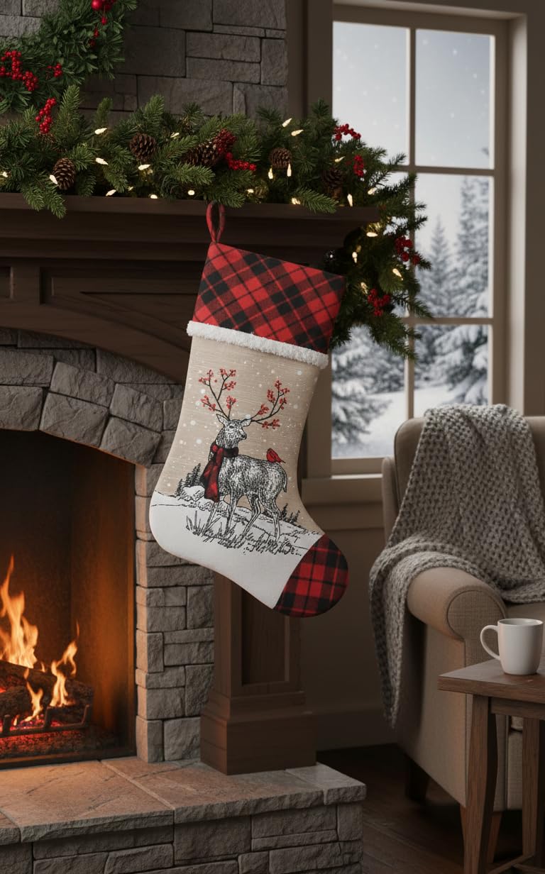Comfy Hour Joyful Holiday Collection 20" Christmas Wreathed Reindeer Stocking, Polyester