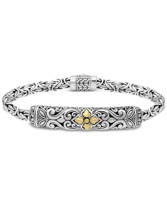 DEVATA Sterling Silver 925 and 18K Gold Accents Bali Accent with Byzantine Chain Bracelet BYK3545ATT (Bali Accent Size L/8.0")