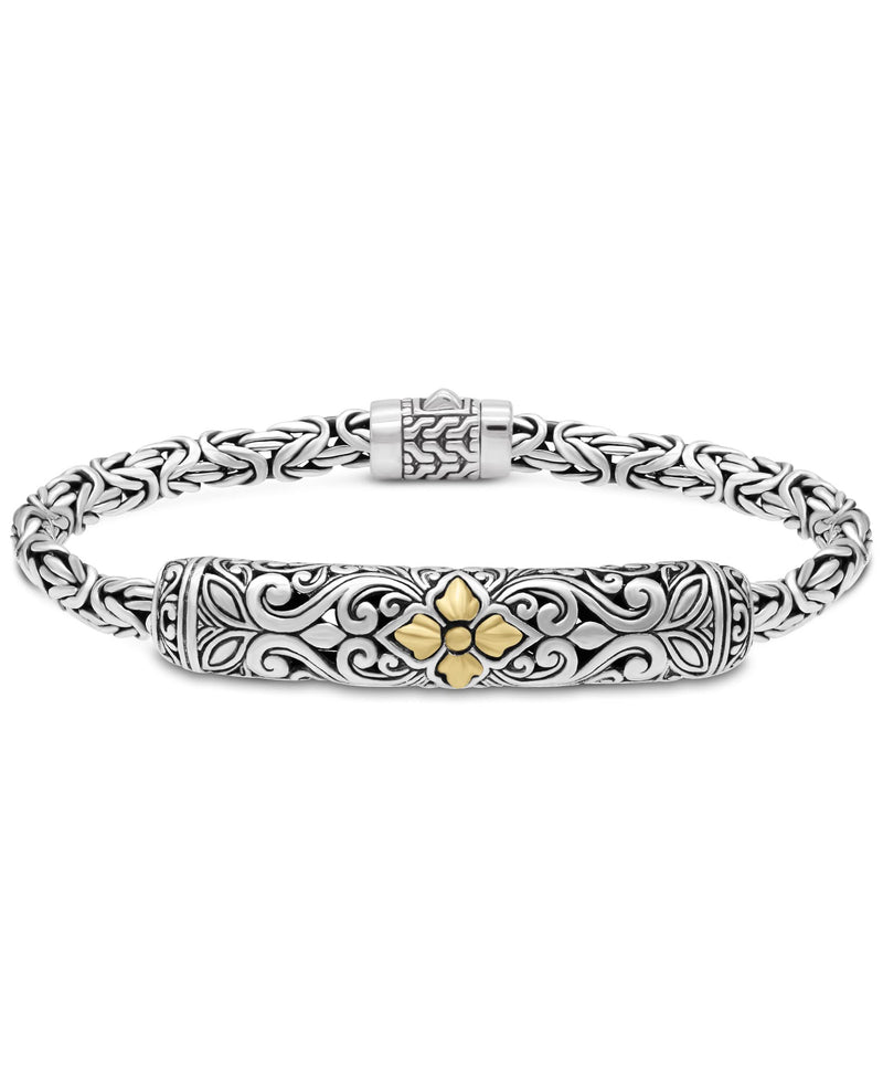 DEVATA Sterling Silver 925 and 18K Gold Accents Bali Accent with Byzantine Chain Bracelet BYK3545ATT (Bali Accent Size L/8.0&quot;)