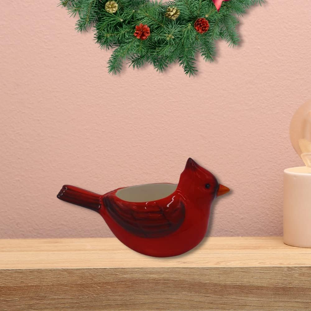 Comfy Hour Winter Holiday Home Collection 3" Red Feather Cardinal Stoneware Sculpture Candle Holder, Red, Ceramic
