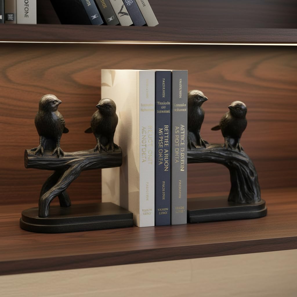 Comfy Hour Farmhouse Home Decor Collection Polyresin Solid Heavy Set of L/R Birds On Branch Art Bookends, 1 Pair