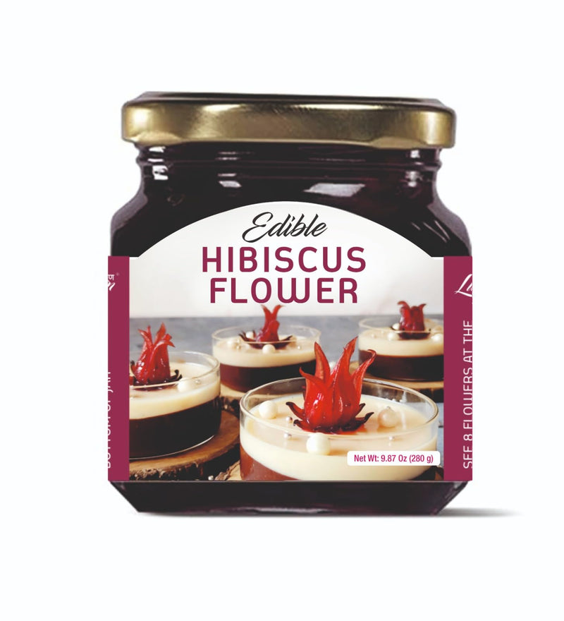 Edible Hibiscus Flowers in Syrup | Dessert Topping , 100% Natural with NO Artificial Color & NO Preservatives, 250G, 8 Flowers