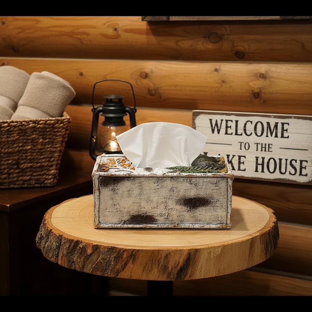 Comfy Hour 10 Inch Bear Tissue Box Cover, Rustic Birch Decor