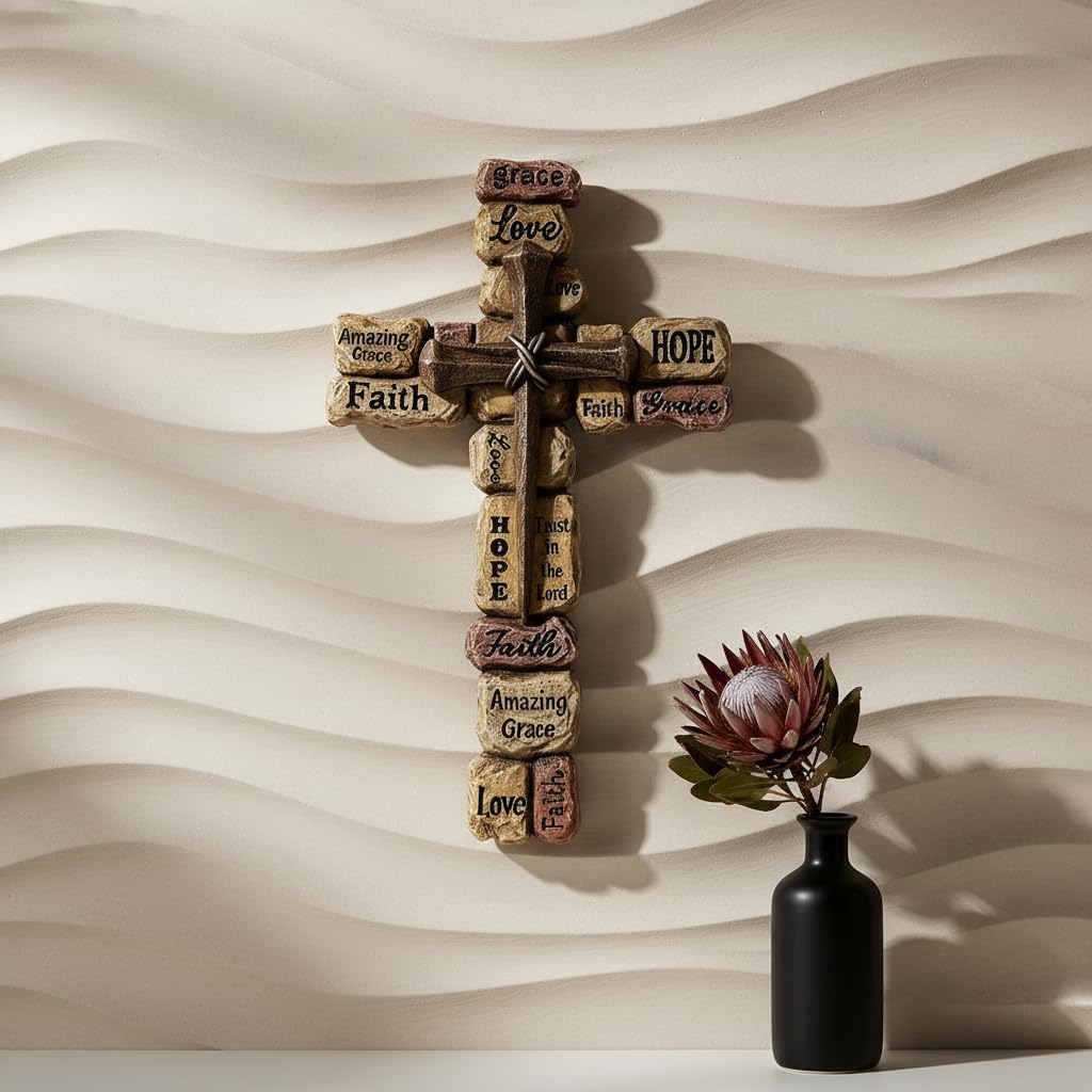 Comfy Hour 12 Inch Cross Wall Decor, Stacked Stone Wall Cross