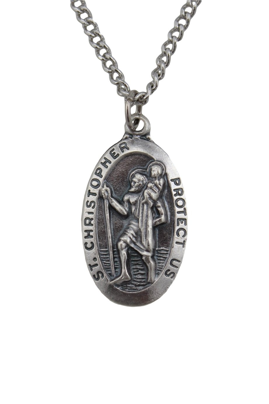 Creative Brands Creed Silver Tone St. Christopher Protect Us Medal, Rhodium-Plated Chain, 24-Inch