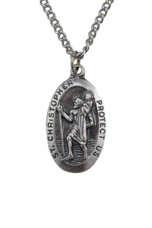 Creative Brands Creed Silver Tone St. Christopher Protect Us Medal, Rhodium-Plated Chain, 24-Inch