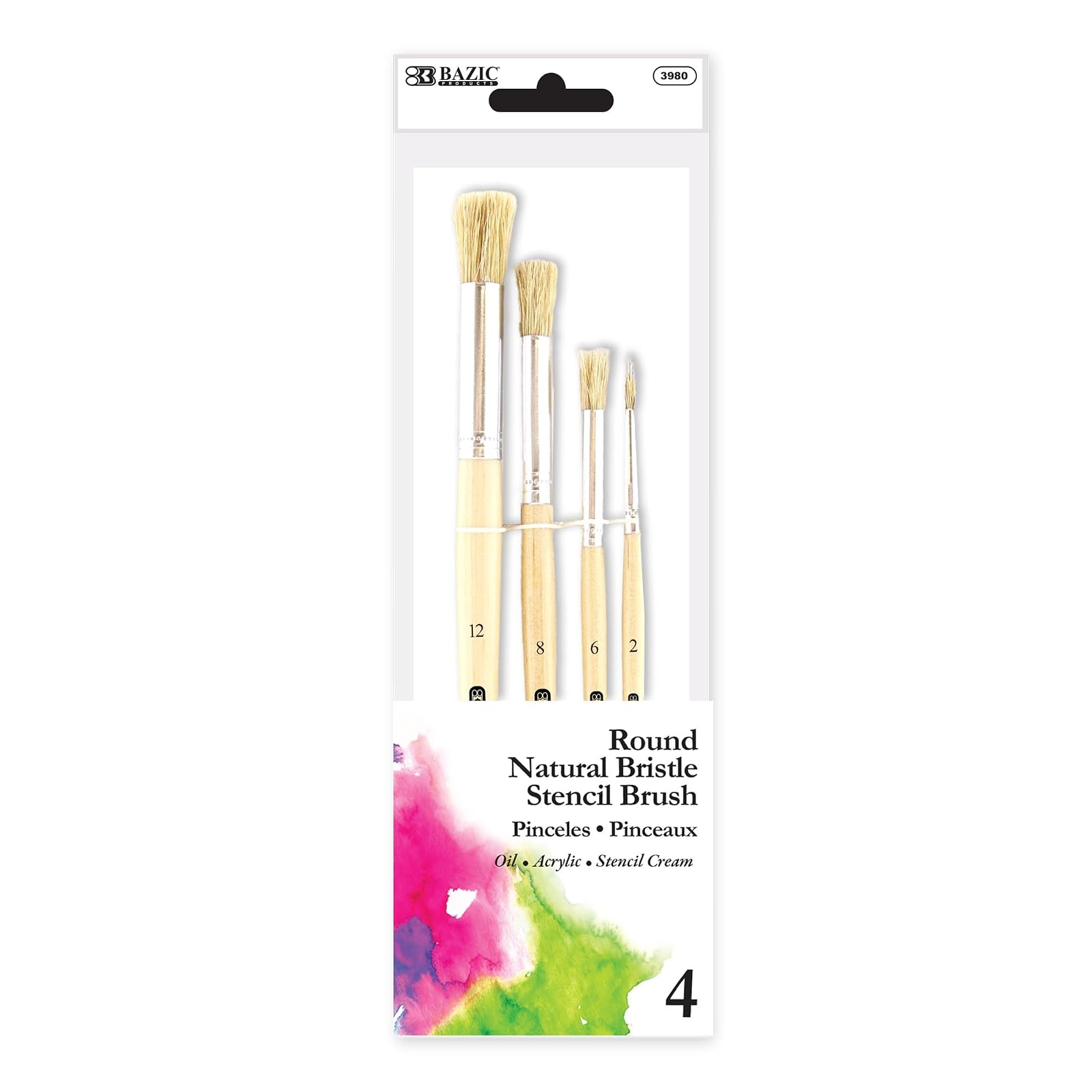 BAZIC Round Natural Bristle Stencil Brush Set, Great for Acrylic Oil Watercolor Gouache Body Painting Skin Art (4/Pack), 1-Pack