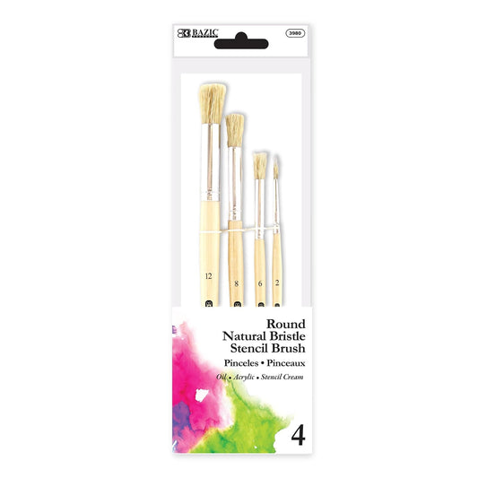 BAZIC Round Natural Bristle Stencil Brush Set, Great for Acrylic Oil Watercolor Gouache Body Painting Skin Art (4/Pack), 1-Pack