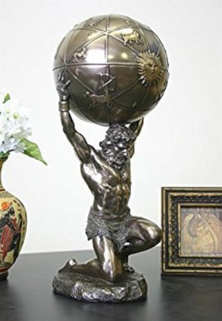 Unicorn Studio Atlas Holding World Greek Statue and Trinket Box, Bronze Finish