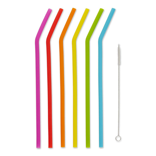 RSVP International Silicone 10" Drink Straws with Cleaning Brush, 6 Count | Reusable & Multi-Color | BPA-Free Silicone | For Smoothies, Frappes, Sodas, Tea & More | Dishwasher Safe