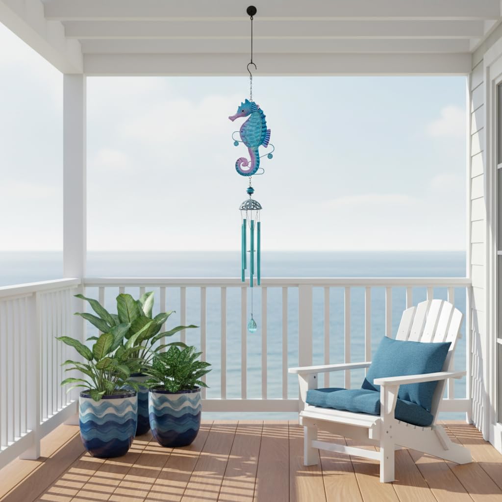 Comfy Hour Farmhouse Home Decor Collection Metal Art 35" Seahorse Ocean Wild Animal Windchime Hanging Windbell Blue