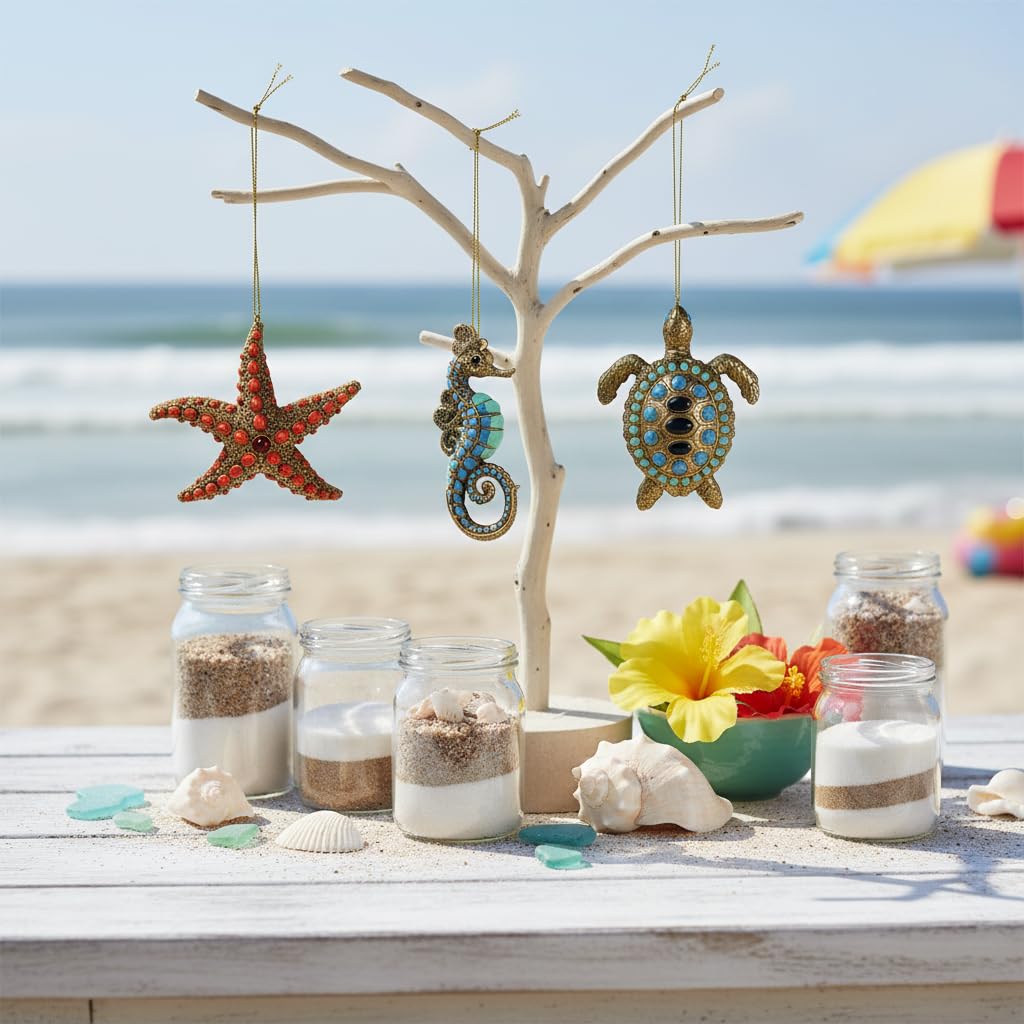 Comfy Hour Under The Sea Collection Set of 3 Resin Ocean Wild Animal Seahorse Starfish Turtle Christmas Tree Ornaments