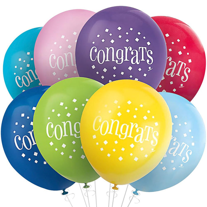 Unique Industries Assorted Color"Congrats" Latex Balloons, 8 Ct.