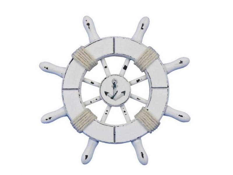 Hampton Nautical Rustic All Decorative Ship Wheel with Anchor, 6", White