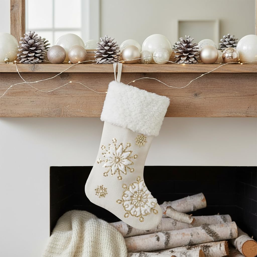 Comfy Hour 18 Inch Christmas Stocking, Gold Snowflake Decor