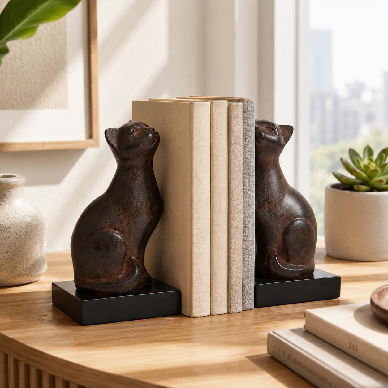 Comfy Hour Farmhouse Home Decor Collection 4" length 7" height Polyresin Set Of 2 Cats Bookends Art Bookend, 1 Pair, Brown Antique Effect