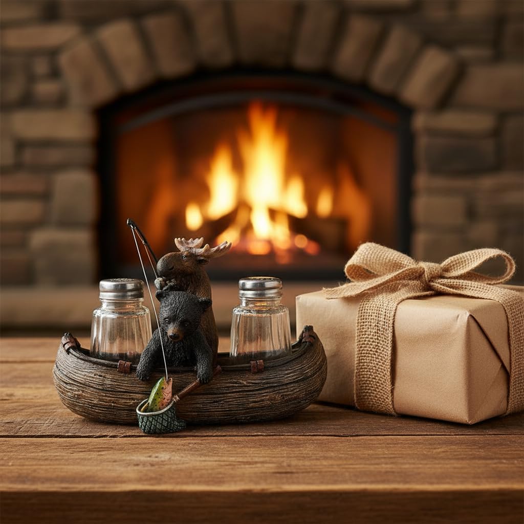 Comfy Hour 6.7 Inch Bear Salt and Pepper Shakers, Moose Canoe Holder