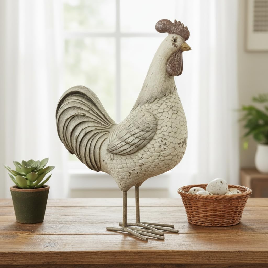 Comfy Hour Farmhouse Home Decor Collection 10" Countryside Standing Chicken Cock Rooster Figurine Farm Animal Statue, Grey Beige, Polyresin Decor