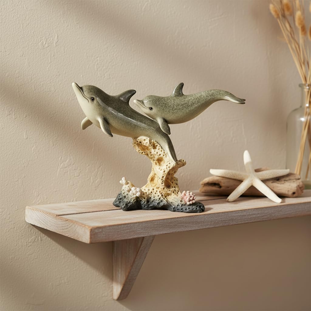 Comfy Hour Under The Sea Collection 7-Inch Two Swimming Dolphins On Coral Pedestal Coastal Ocean Theme Decoration, High Gloss Finish, Polyresin
