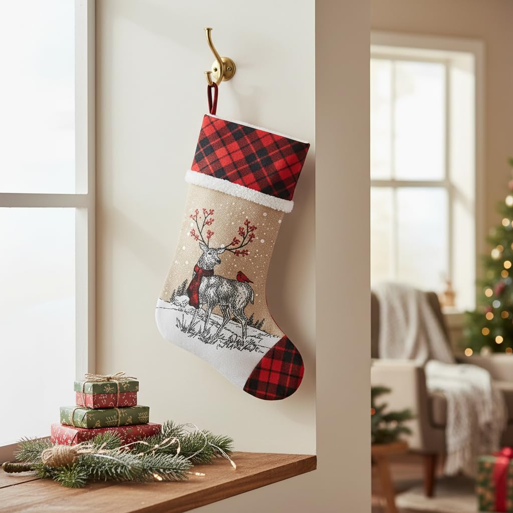 Comfy Hour Joyful Holiday Collection 20" Christmas Wreathed Reindeer Stocking, Polyester