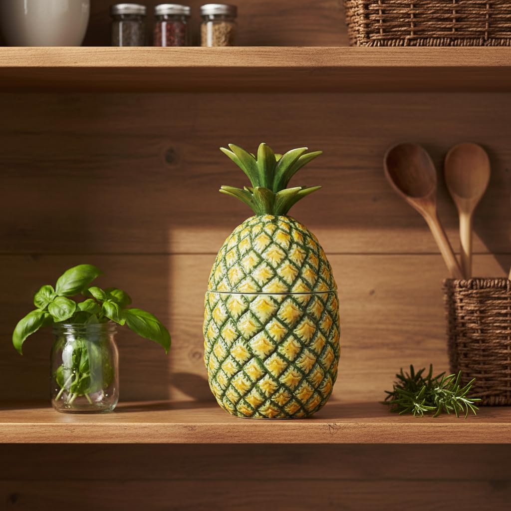 Comfy Hour Farmhouse Home Decor Collection 9" Pineapple Storage Jar Candy Jar Cooky Jar Cookie Jar with Lid, Green and Yellow, Dolomite